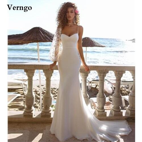 Verngo New Design Mermaid Wedding Dress Lace One Shoulder Puff Long Sleeve Straps Sweep Train Elegant 2021 Bridal Gowns