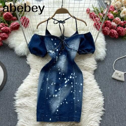 New Denim Dress Women Fashion Summer Bow tied Halter Off-shoulder Short Sleeve Print High Waist Slim Mini Party Jeans Dress