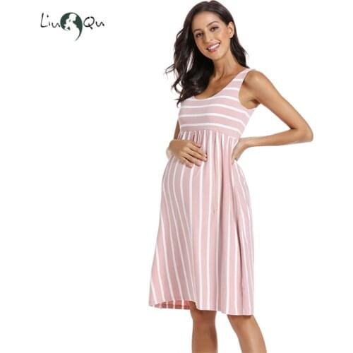 Women Summer Sleeveless Maternity Dress Pregancy Tank Scoop Neck Striped Mama Clothes Casual Knee Length for Baby Shower