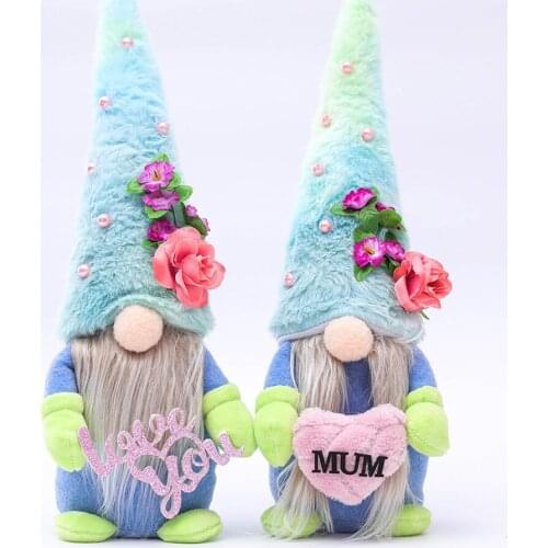 Mothers Day Gnome Plush Doll Standing Post Blue Hat Flower Pearl Faceless Doll Gnome Little Figurine Forest Elderly Decoration