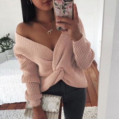 Sexy Autumn Women Cross Off Shoulder Deep V-Neck Solid Colors Long-Sleeved Pullovwe Tops Casual Knitted Sweater Plus Size#g3