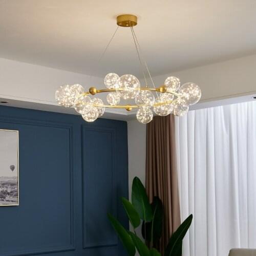 Nordic Led Glass Ball Chandelier with Remote Control Long Ring Golden Living Dining Room Pendant Home Decoration Indoor Lighting