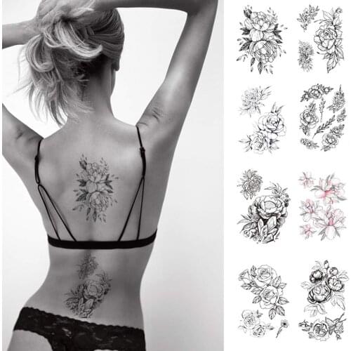 8 Sheets Black Rose Tattoo Flowers Tattoo Stickers Sexy Tattoos for Women Waterproof Fake Body Stickers 210*148mm