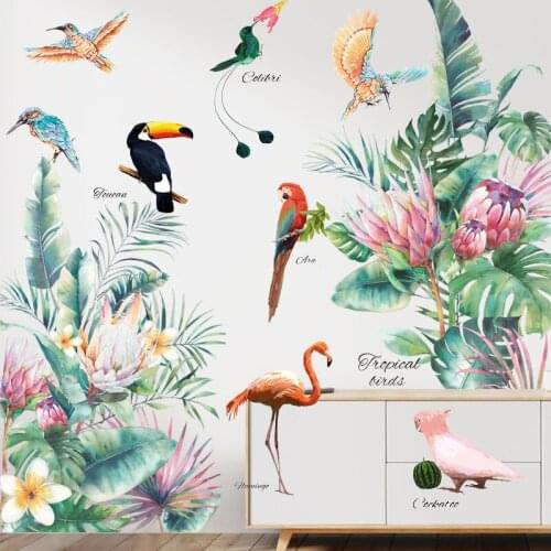 Tropical Green Leaves Flamingo Birds Wall Stickers Flowers Poster Plant Living Room Decor Decorative Vinyls Removable Home Decal