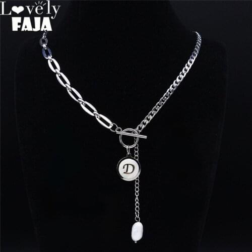 Hip Hop Shell Pearl Stainless Steel D Letter Chain Necklaces Women Silver Color Necklaces Jewelry colgantes mujer moda ND7000S03