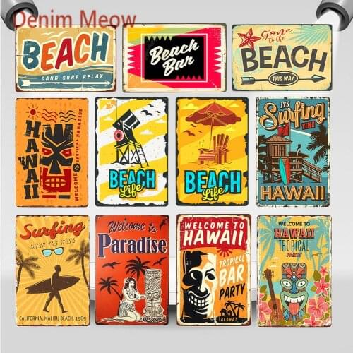 Vintage Beach Bar Surfing Time Metal Sign Hawaii Summer Aloha Wall Stickers Life Is Good At Beach Art Painting Home Decor WY83