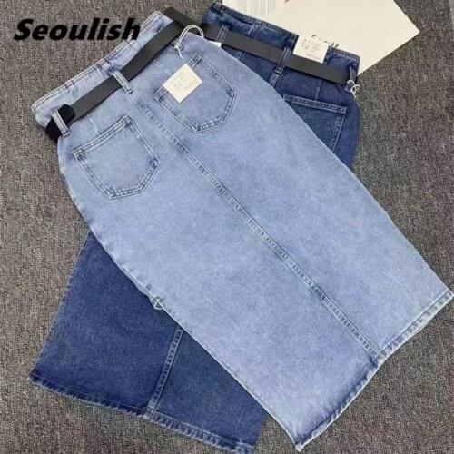 Seoulish 2021 New Women Long Denim Skirt Belted Summer Vintage High Wasit Jeans Skirt Straight Female A-line Pencil Split Skirt