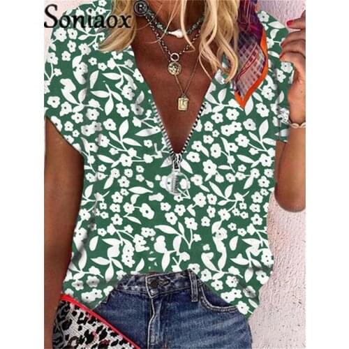 2021 Summer Women Loose Casual Floral Print Short Sleeves T-Shirt Ladies Fashion Zipper V-Neck Shirt Top Women Clothing Oversize