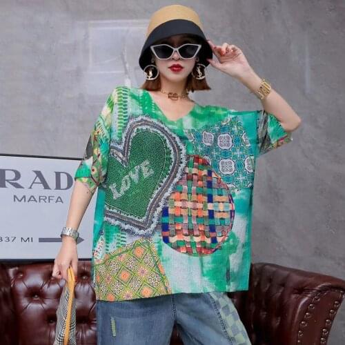 2143 New Summer Short Sleeve Knitted T-shirt Vintage European O-neck Pullover Women Print Street Style Oversized Women Tops