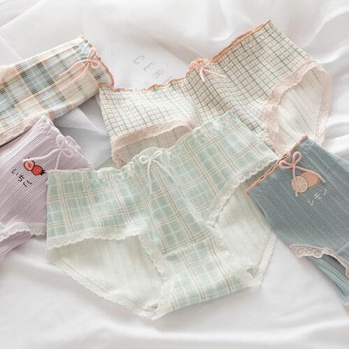 Glowing Future Lingerie Cute Plaid Womens Cotton Panties Strawberry Plaid Lemon Printed Underwear Candy Purple Girls Panties