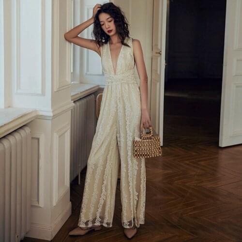 Lace Jumpsuits Women Sleeveless Sexy Deep V-Neck Backless Full Length Jumpsuits Ladies Beach Style Lace Heavy Embroidery Romper