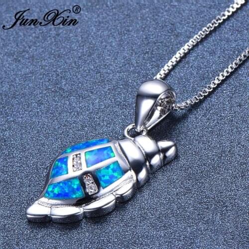 Cute Female Blue Opal Pendant Necklace Dainty Silver Color Chain Necklaces For Women Charm Bridal Conch Wedding Necklace