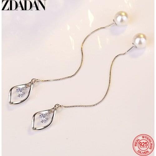 ZDADAN 925 Sterling Silver Long Tassel Pearl Drop Earring For Women Summer Jewelry Girls Fashion Party Gift