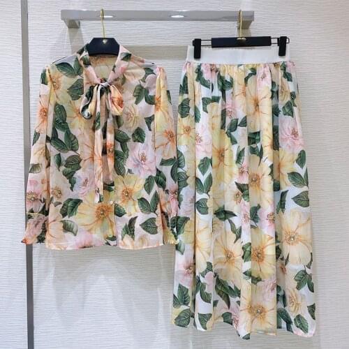 Spring Summer 2021 Fashion womens floral print boetie Shirts+elegant skirts Two piece set C837