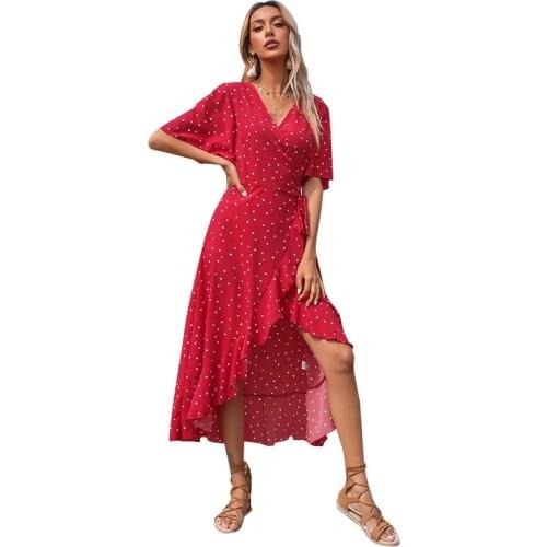 Europe Summer Chiffon Dress Women Sexy V-neck Short Sleeve Floral Polka-dot Boho Midi Dress Woman Elegant Party Evening Dresses