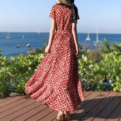 ENjoyce Summer Ladies Vintage Red Bohemian V-Neck Maxi Dress Short Sleeve Women Elegant Holiday Beach Style Sexy Dresses Vestido