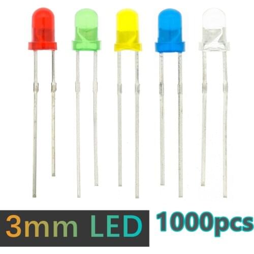 1000pcs 3mm LED Light Assorted Kit DIY LEDs Set White Yellow Red Green Blue