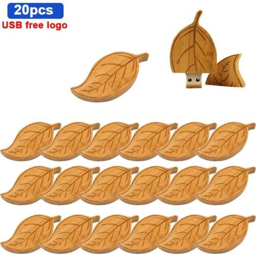 20pcs/lot free logo 100% Real Capacity High Quality Wood Leaf Memory Stick USB Flash Drive 32GB 64GB USB pendrives Wedding Gift