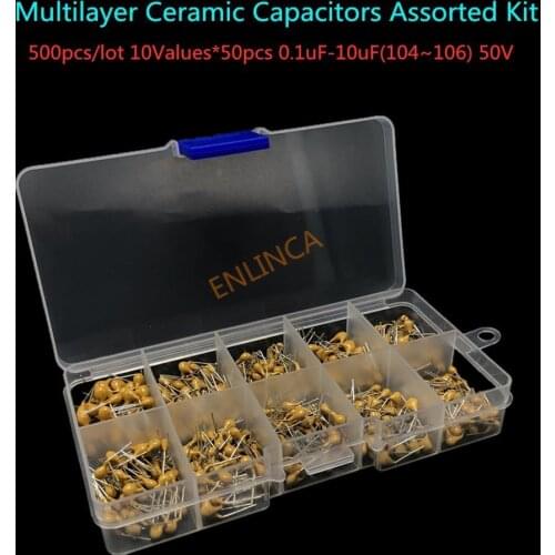 500pcs/lot 10Values*50pcs 0.1uF-10uF(104~106) 50V Multilayer Ceramic Capacitors Assorted Kit Assortment Set with Storage Box