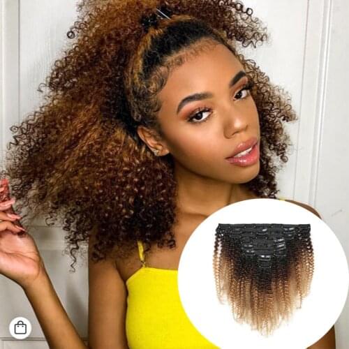 Ombre Brown Blonde Clip in Hair Extension Afro Kinky Curly Clip in Human Hair Extensions 8pc 120g/set Full Head Curly Clip ins