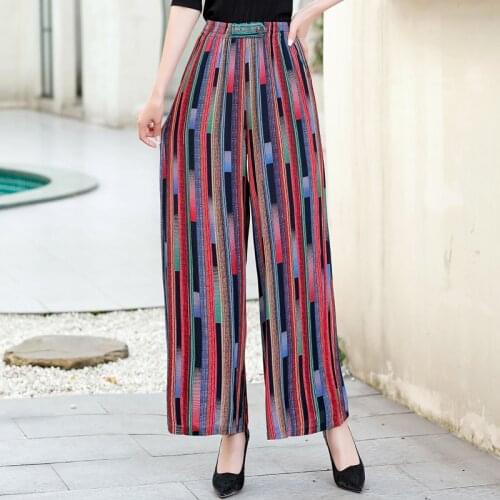 Womens Loose Summer Striped Pants Elastic Waist Wide Leg Pants Women Casual High Waist Ankle-Length Trousers Plus Size XL-4XL