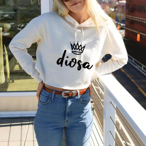 Diosa 100%Cotton Printed Womens Sexy Spanish Crop Top Hoodies Latina Power Casual Pullover Long Sleeve Hooded Best Friend Gift