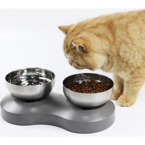 Pet Cat Double Bowl Dogs Stainless Steel Cat Food Water Feeder Adjustable Pets Dishes Supplies Cats Feeding Drinking Bowls
