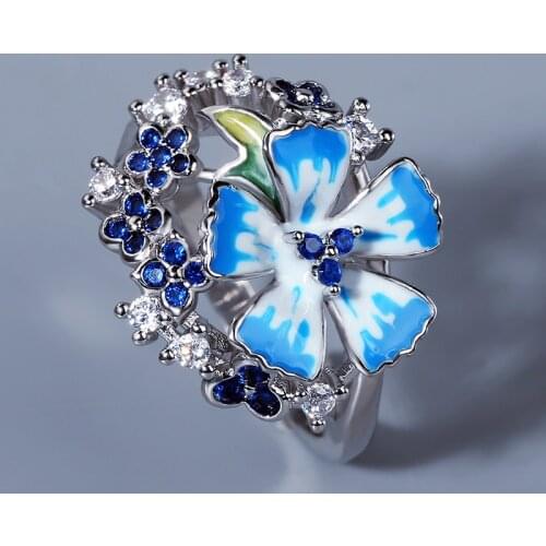 Exquisite Ladies 925 Silver Ring Blue Flower Ring Ethnic Style Handmade Enamel Ladies Jewelry Attending Party Ring wedding rings