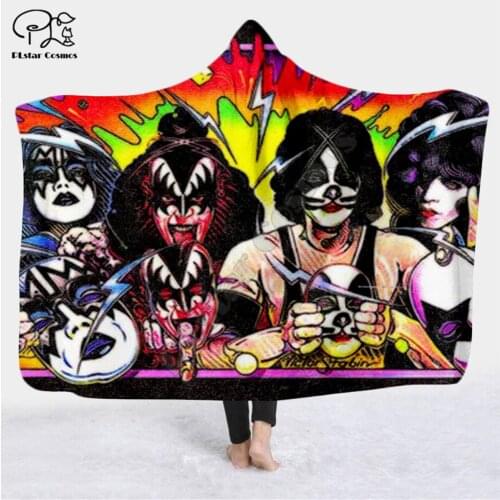Classic Kiss 3D printed Hooded Blanket Adult child Sherpa Fleece Wearable Blanket Halloween Warm Decoration Style-1