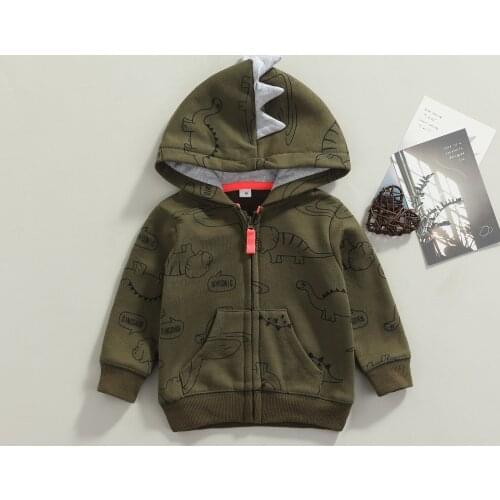 0-3Y Fashion Toddler Boys Spring Autumn Coat Dark Green Dinosaur Printed Pattern Long Sleeve Zipper Hooded Jackets