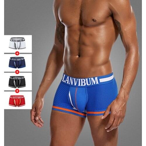 Lanvibum briefs swimwear mens jockstrap mens mesh flat corner pants sexy U convex colored nylon flat pants large size