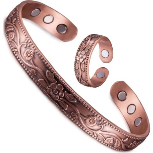 Magnetic Pure Copper Jewelry-Set Adjustable Bracelet Ring Vintage Flower Health Energy Arthritis Jewelry Set for Women Men