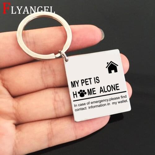 Fashion Jewelry Engraved Owl My Pet Is Home Alone Square Keychain Jewelry For Friends Couples Pet Lover Gift Stainless Keyring