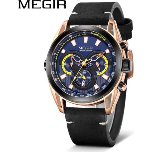 MEGIR 2021 New Leather Calendar Fashion Luminous Mens Sport Watch Waterproof Chronograph Watches Quartz Relogio Masculino 2135G