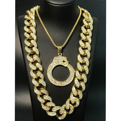 Hip Hop Men Gold Color Necklace Crystal Miami Cuban Basketball Rock Pendant Set 2CM Street Dance Rapper hip hop for men