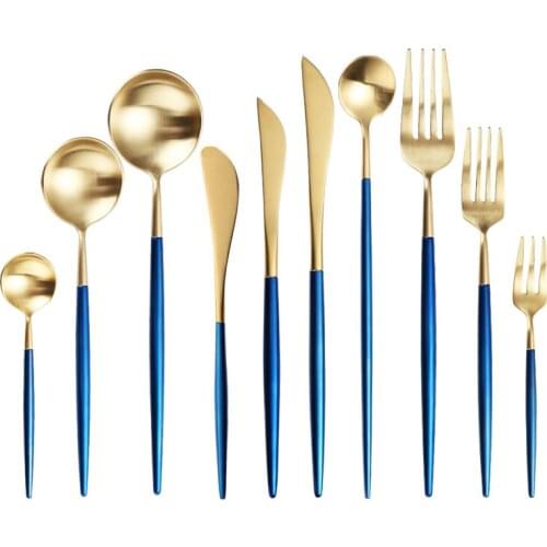 Steel Cutlery Set Blue Gold Mini Dessert Forks Spoons Steak Knives Metal Chopsticks Stainless Steel Dinnerware Set Dropshipping