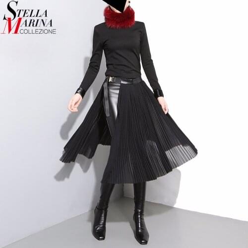 New Japanese Style Woman Solid Black Chiffon Pleated Skirt Adjustable Leather Belt High Waist Split Girls Midi Casual Skirts 876