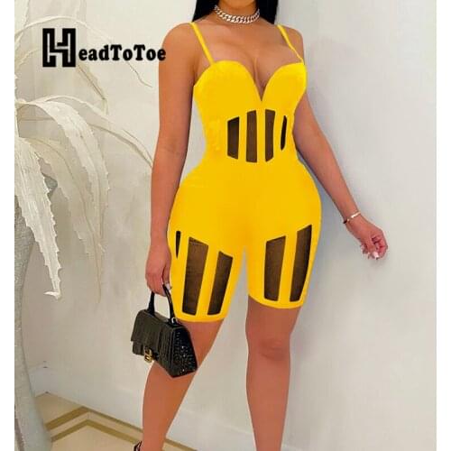 Solid Mesh Sexy Fashion Romper Woman Spaghetti Strap V Neck Knee Length Slim Perspective Playsuit Women