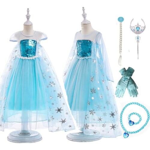 New Girls Elsa Dress with Cloak Summer Sequins Swing Snow Print Party Cosplay Princess Costume Children Girl Halloween Fancy
