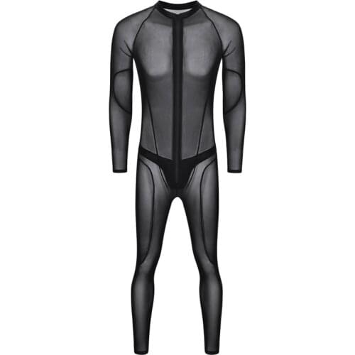 Sexy Men Mesh Patchwork See Through Bodysuit Sheer Shiny Jumpsuit Sexy Tight Stage Wear Punk Playsuit Gay Wear Plus Size F50