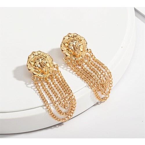 Exaggerated Lion Head Metal Chain Tassel Dangle Earrings Fashion For Women Punk Hip Hop Trendy Drop Earring Women Party Jewelry
