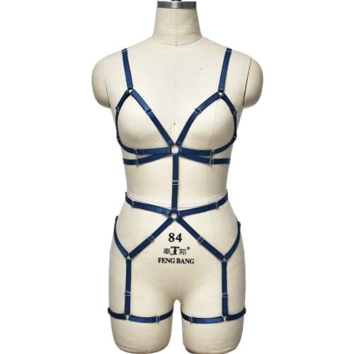 Blue Rave Wear Body Cage Bra Bondage Stockings Leg Garter Belt Adjustable Body Harness Set Women Bodysuit Sexy Lingerie