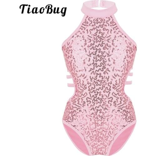 TiaoBug Kids Dancewear Sleeveless Shiny Sequins Strappy Waist Ballet Gymnastics Leotard Girls Stage Performance Dance Costume