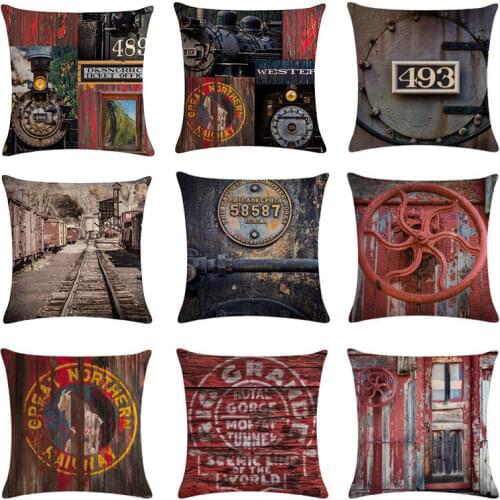 Vintage Steam Train Designs Cushion Cover Industrial Revolution Cotton Linen Car Seat Pillowcase 45x45cm Board pillow Cover