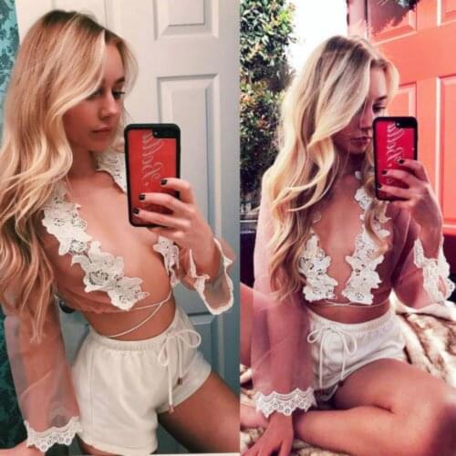 2018 hirigin summer Women lady Long Sleeve Loose V-Neck Casual Floral Summer lace Top T-Shirt