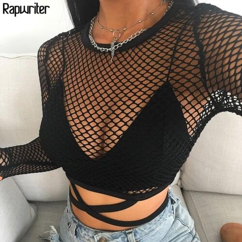 Rapwriter Sexy See through Hollow Out Lace Up Perspective Mesh Fishnet Tee Women 2020 Cross Bandage Long Sleeve Tops T Shirt