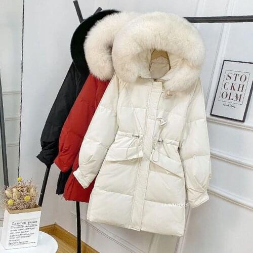 Winter 90% White Duck Down Jacket Women New Fashion natural Fox Fur Collar Hooded Down Coat Female Office Lady Adjustable Waist