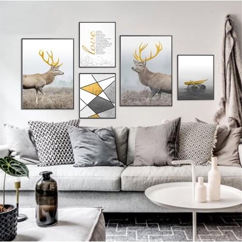 Gold Deer Geometry Pattern Yellow Boat Landscape Picture Nature Scenery Scandinavian Posters Prints Wall Art Canvas Paintings