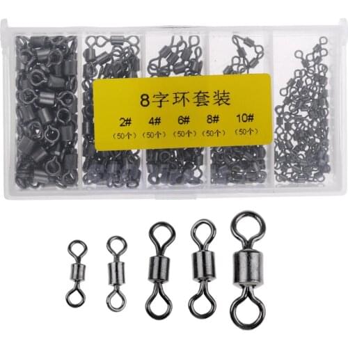 250Pcs/box Stainless Steel Fishing Rolling Swivels Solid Ring Hook Lures Connector 2# 4# 6# 8# 10