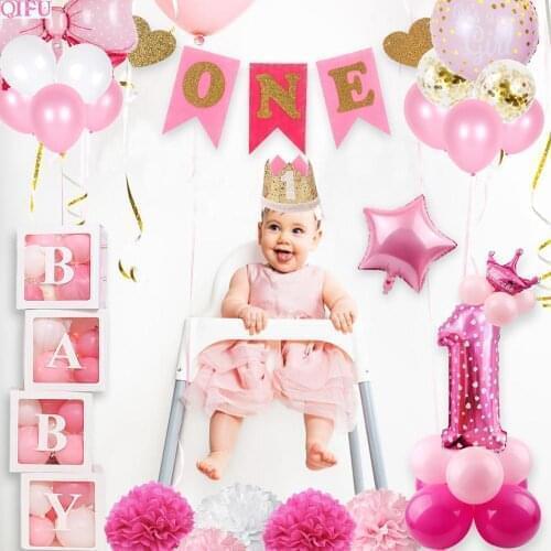 Baby Shower Decor Boy 1st Birthday Girl 1 First Birthday Party Decoration Kids Pink Birthday Balloons Decor One Year Babyshower